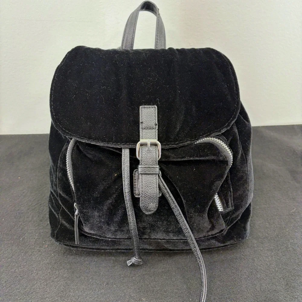 Y2K Black Velvet Backpack Drawstring Flap Metal Buckle Small Slouchy Goth Witchy